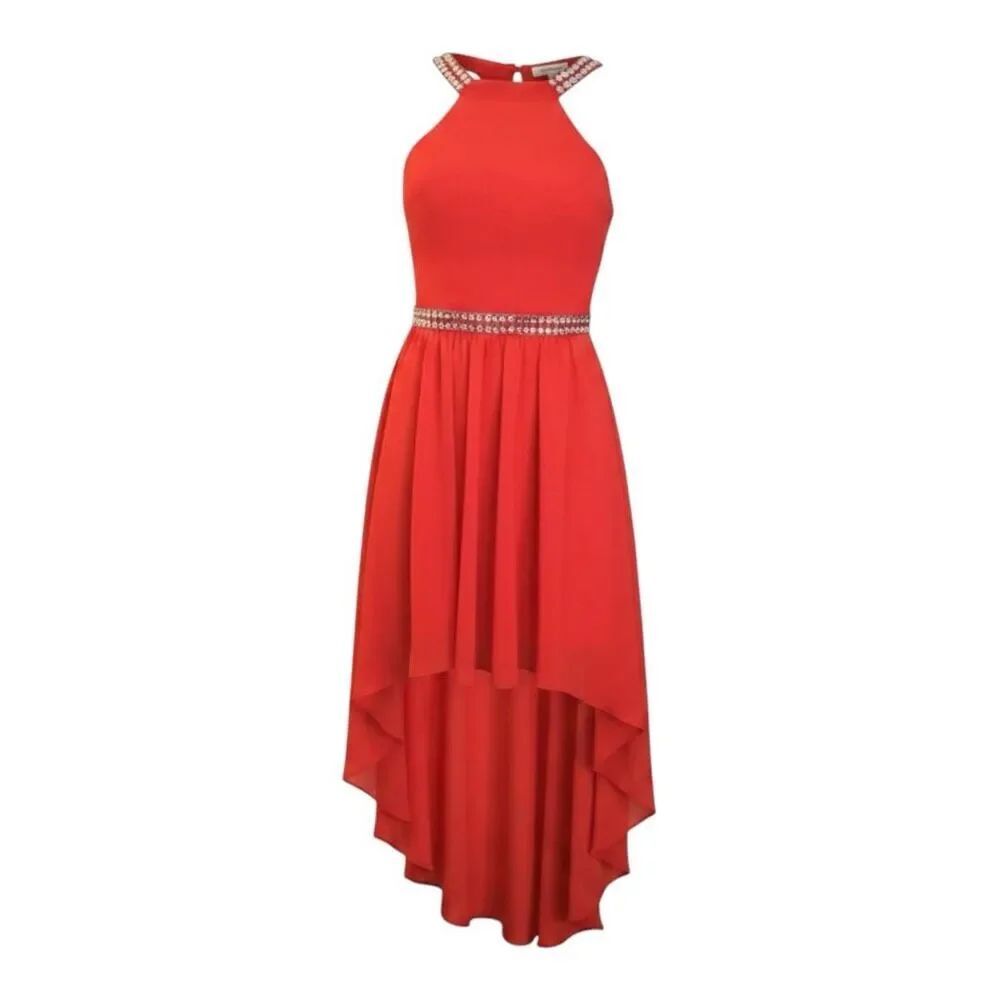 Red Rhinestone High Low Dress Size 1 Juniors Sleeveless Party Jewel Waist